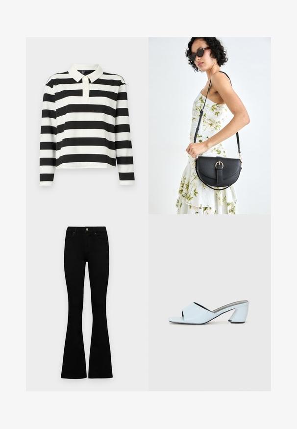 Fekete-fehér csíkozott, hosszú ujjú pólóing, lapos gallérral, egyenes aljjal és puha, texturált anyagból készült.; Fekete, magas derekú farmernadrág gomb- és cipzárzárral, elülső zsebekkel és harangszárral, laposan egy fehér háttérre terítve.; Világoskék, nyitott orrú, sarkú mules cipő geometrikus mintázattal, széles pánttal a lábfejen és tömzsi, szögletes sarkal.; Fekete bőrtáska ívelt formával, levehető pánttal és arany színű fémrészekkel. A táskán egy csattal díszített fedél található.