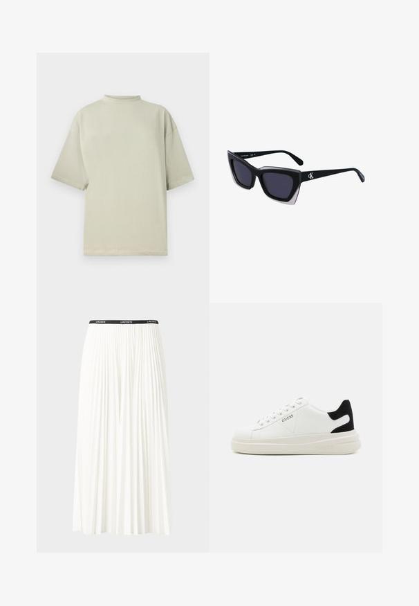 T-shirt à manches courtes et col haut en coton vert pâle. Coupe décontractée avec une coupe droite. Texture lisse ; sans motifs ni embellissements visibles.; Jupe plissée blanche avec une taille élastique noire portant le logo "LACOSTE". Design mi-long avec une texture douce.; Baskets en cuir blanc avec une épaisse semelle blanche, un accent en daim noir au niveau du talon et un logo embossé sur le côté. Design à lacets avec six œillets.; Lunettes de soleil noires surdimensionnées avec une forme géométrique, dotées de verres foncés et d'un détail gris contrastant sur la monture. Logo sur la branche.