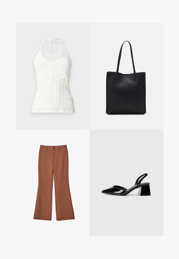 Bijela kukičana haljina na vezanje s v-izrezom, ukrašena cvjetnim uzorcima i teksturalnim detaljima kroz cijelu haljinu, završava s vezicom oko vrata.; Smeđe široke hlače od mekog materijala. Imaju dva prednja dugmeta i glatku teksturu bez vidljivih uzoraka ili akcenta.; Crne lakirane kožne sandale s otvorenom petom i špicastim vrhom, s geometrijskom blok petom. Imaju elegantan, minimalistički dizajn i glatku teksturu.; Crna kožna torba za nošenje s glatkom teksturom, pravokutnim oblikom i dvije duge ručke. Nema vidljivih metalnih dijelova ili ukrasa.