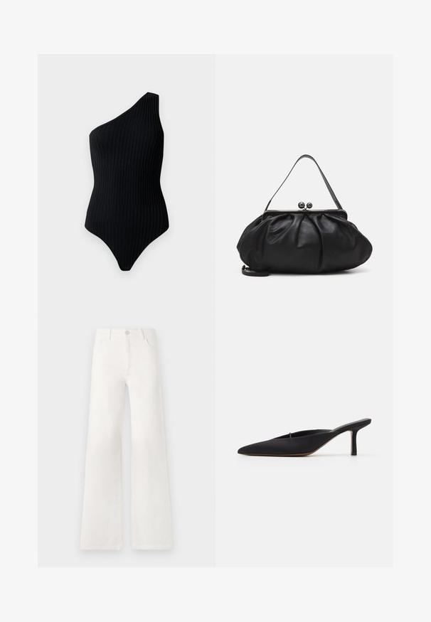 Zwarte, een-schouder bodysuit met ribbeltextuur. Heeft een aansluitende vorm en een naadloos ontwerp, wat een minimalistische uitstraling benadrukt.; Witte, hoogwaist, wijde jeans van denim. Heeft een knoopsluiting, twee voorkruiszakken en zijnaadstiksel details.; Zwarte muiltje met spitse neus en een strak ontwerp, gemaakt van gladde stof, met een slanke hak en open achterkant voor gemakkelijk aan- en uittrekken.; Zwarte leren handtas met een afgerond, geplooid ontwerp. Voorzien van een metalen sluiting met twee decoratieve bollen en een smalle, afneembare schouderband.