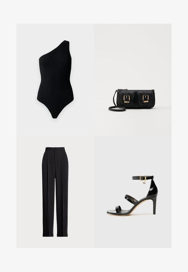 Body negru, cu un umăr, cu textură canelată. Prezintă o formă ajustată și un design fără cusături, punând accent pe un aspect minimalist.; Pantaloni negri, croiți pe măsură, cu talie înaltă, cu plii în față, design cu picior drept și tiv manșetat. Confecționați dintr-un material neted.; Sandale negre din piele lacuită, cu trei curele, cataramă la glezna și toc stiletto de 10 cm. Prezintă detalii din metal auriu și un charm cu logo.; Geantă neagră din piele, tip crossbody, cu două buzunare frontale, catarame aurii, închidere cu fermoar și o curea subțire. Suprafață texturată și formă rectangulară compactă.
