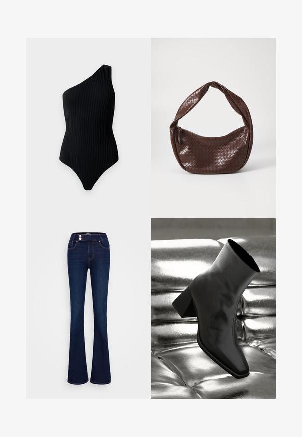 Czarny bodysuit na jedno ramię o prążkowanej strukturze. Posiada dopasowany kształt i bezszwowy design, podkreślający minimalistyczny wygląd.; Granatowe dżinsy w fasonie dzwonów z wysokim stanem, dwiema przednimi kieszeniami oraz dwoma zapięciami na guziki. Wykonane z denimowej tkaniny o gładkiej fakturze.; Czarne botki za kostkę wykonane z błyszczącego materiału, z kwadratowym noskiem i zwężającym się obcasem, na tle błyszczącego srebrnego tapicerowanego tła.; Brązowa, pleciona skórzana torba z zakrzywionym, zawiązanym uchwytem i zamknięciem na zamek. Gładka tekstura i zaokrąglony kształt.