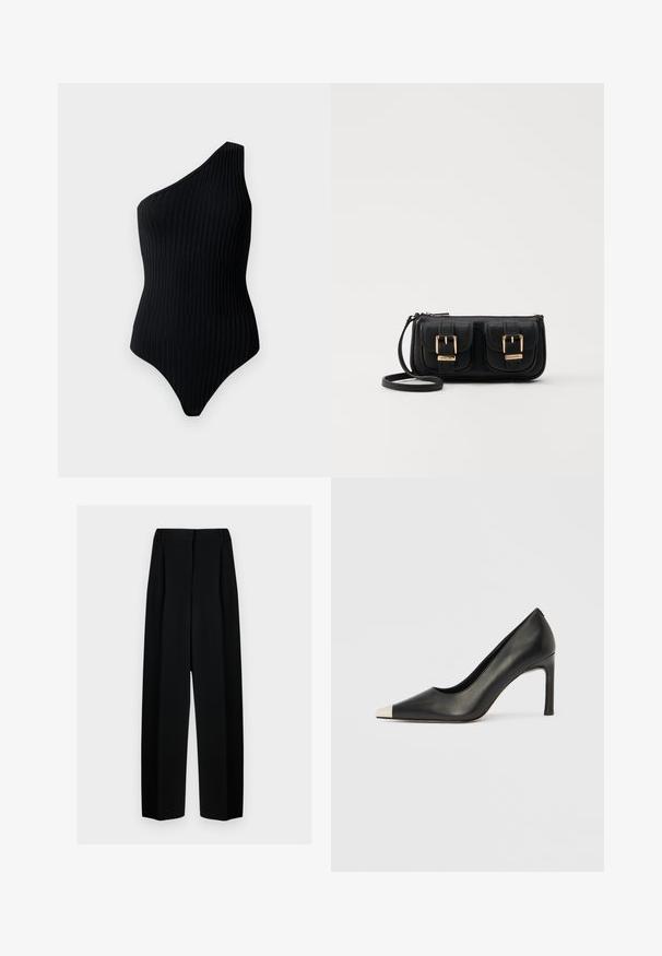 Sort, one-shoulder bodysuit med ribbelsstruktur. Har en tætsiddende pasform og et sømløst design, der fremhæver et minimalistisk look.; Sorte vide benbukser med høj talje, der har læg og en glat tekstur. Stoffet virker let og falder elegant.; Sort læder højhælet sko med spids tå og metal-sølv hætte. Har en glat finish og en slank hæl på 10 cm.; Sort læder crossbody taske med to frontlommer, guldspænder, lynlåslukning og en slank rem. Struktureret overflade og kompakt rektangulær form.