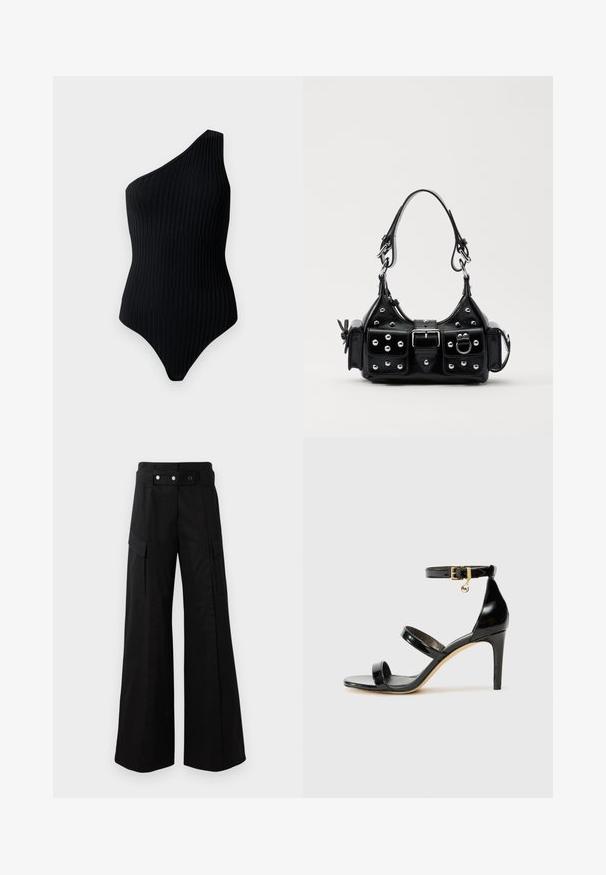 Schwarzer, einseitiger Bodysuit mit gerippter Textur. Besitzt eine figurbetonte Form und ein nahtloses Design, das einen minimalistischen Look betont.; Schwarze weit geschnittene Hose mit hohem Bund, großen Seitentaschen, zwei vorderen Knöpfen und einer Schlaufen-Detail. Aus robustem Stoff gefertigt.; Schwarze Lackleder-Sandale mit drei Riemen, Knöchelriemen und 10 cm hohen Stiletto-Absatz. Verfügt über goldfarbene Hardware-Details und ein Logo-Charm.; Schwarze Lederhandtasche mit einem geschwungenen Design, verziert mit silbernen Nieten, einer Schnalle und zwei seitlichen Taschen. Verstellbarer Träger für verschiedene Tragemöglichkeiten.