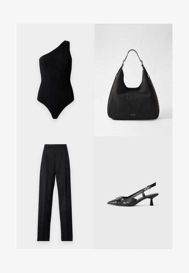 Mustmust, ühe õla bodysuit ribbenööridega tekstuuriga. Omab keha lähedast lõiget ja sujuvat disaini, rõhutades minimalistlikku välimust.; Mustad püksid siledast kangast, millel on kõrge vöökoht, laiad jalad, esimesed kortsud ja klassikalised vööloopid. Küljepockets pole nähtavad.; Must must have must toote tõmblukuga, dekoratiivsed rihmad metallist silmadega ja madal blokk-kand. Tekstureeritud pind.; MICHAEL Michael Kors NOLITA HOBO  - Käekott - black