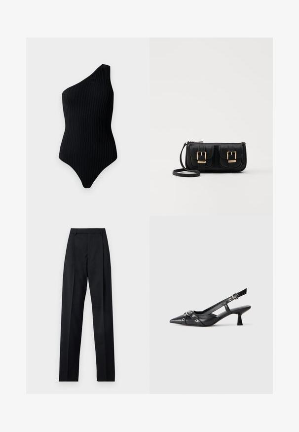 Crni bodysuit s jednim ramenom i rebrastom teksturom. Karakterizira ga prilagođen oblik i bešavni dizajn, ističući minimalistički izgled.; Crne hlače od glatkog materijala s visokim strukom, širokim nogavicama, prednjim pregibima i klasičnim petljama za remen. Nema vidljivih bočnih džepova.; Crne kožne cipele s remenom oko pete, s izduženim vrhom, dekorativnim trakama s metalnim rupama i niskom blok petom. Teksturirana površina.; Crna kožna torba preko ramena s dva prednja džepa, zlatnim kopčama, zatvaranjem na zip i uskim remenom. Teksturirana površina i kompaktan pravokutan oblik.