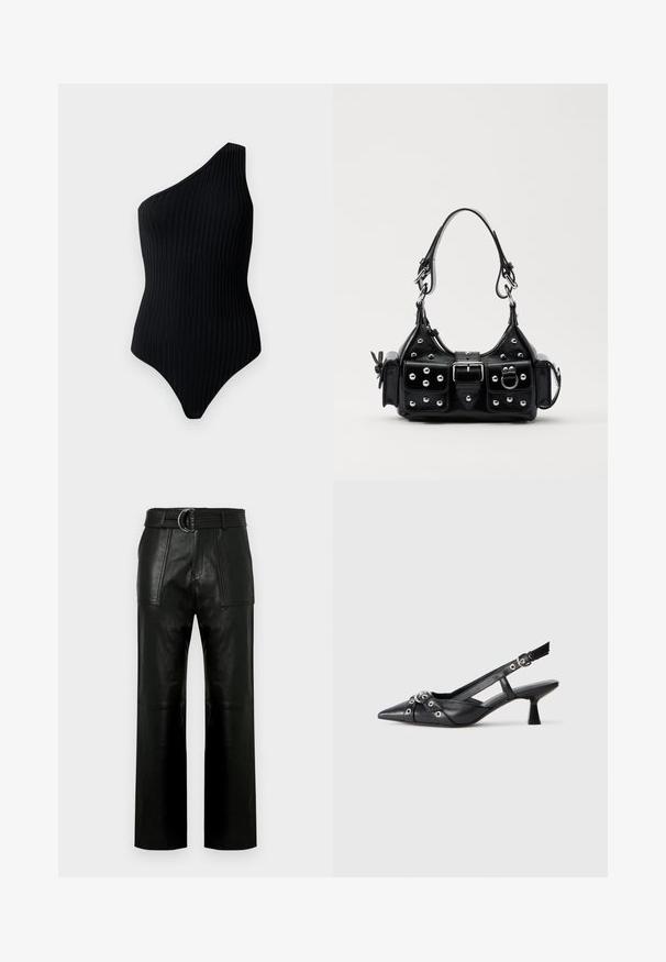Czarny bodysuit na jedno ramię o prążkowanej strukturze. Posiada dopasowany kształt i bezszwowy design, podkreślający minimalistyczny wygląd.; Czarne skórzane spodnie z wysokim stanem, szerokimi nogawkami, dużymi przednimi kieszeniami i dopasowanym paskiem z podwójną klamrą.; Czarne skórzane buty typu slingback z ostrym noskiem, ozdobnymi paskami z metalowymi oczkami oraz niskim klinowym obcasem. Teksturowana powierzchnia.; Czarna skórzana torebka w zakrzywionym kształcie, z srebrnymi ćwiekami, klamrą i dwoma bocznymi kieszeniami. Regulowany pasek umożliwiający różne opcje noszenia.