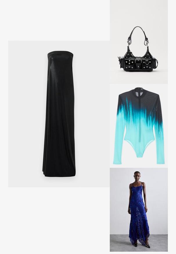 Long-sleeve bodysuit in mesh fabric, featuring a gradient from black to vibrant aqua. Front zip and sleek, form-fitting design.; Black strapless maxi dress made of smooth, shiny fabric. Features a fitted bodice and flowing silhouette, reaching the floor without embellishments.; Blue and purple animal print maxi dress with thin straps, a fitted bodice, flared hem, and sheer overlay detailing.; Black leather handbag with a curved design, featuring silver studs, a buckle, and two side pockets. Adjustable strap for carrying options.