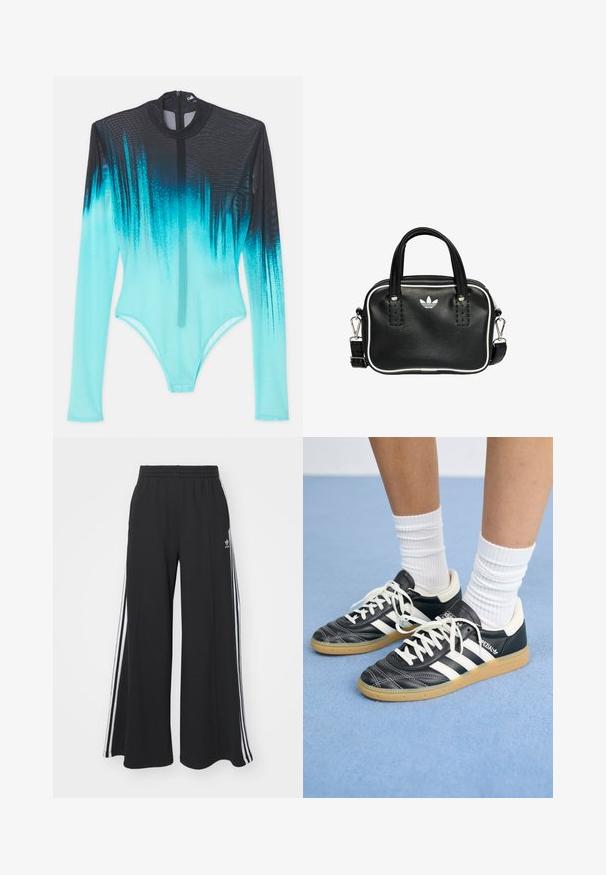 Body z długim rękawem z siateczkowego materiału, z gradientem od czerni do intensywnego akwamarynu. Zamek błyskawiczny z przodu i smukły, dopasowany krój.; Czarne szerokie spodnie dresowe z elastycznym pasem, z białymi paskami po bokach i haftowanym logo na lewej udzie.; Czarne skórzane sneakersy z białymi paskami, okrągły czubek, białe sznurowadła i gumowa podeszwa. Podkreślone wyściełanym kołnierzem i detalami z logo.; Czarna skórzana torebka z dwoma krótkimi uchwytami, srebrnymi akcentami, białymi detalami i białym logo. Posiada teksturowaną powierzchnię oraz kompaktowy design.