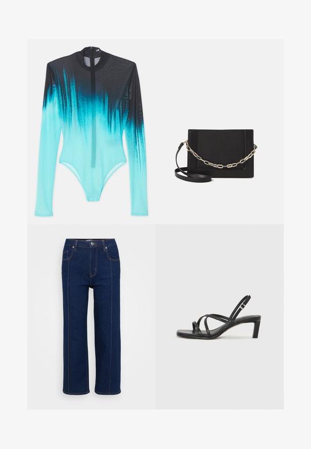 Dlhý rukáv body z priehľadnej látky, ktorý má gradient zo čiernej na živú akvamarínovú. Predný zips a elegantný, tesne priliehajúci strih.; Tmavomodré rovné džínsy so zapínaním na gombík, prednými a zadnými vreckami a viditeľným oranžovým prešívaním pozdĺž švov.; Čierne sandále na vysokom podpätku so štvorcovou špičkou a nízkym blokovým podpätkom. Obsahujú viacero tenkých popruhov a nastaviteľný členkový popruh. Vyrobené z hladkej kože.; Čierna kožená crossbody taška s hladkou textúrou, obdĺžnikovým tvarom a kovovým reťazovým detailom na prednej strane. Súčasťou je nastaviteľný popruh.
