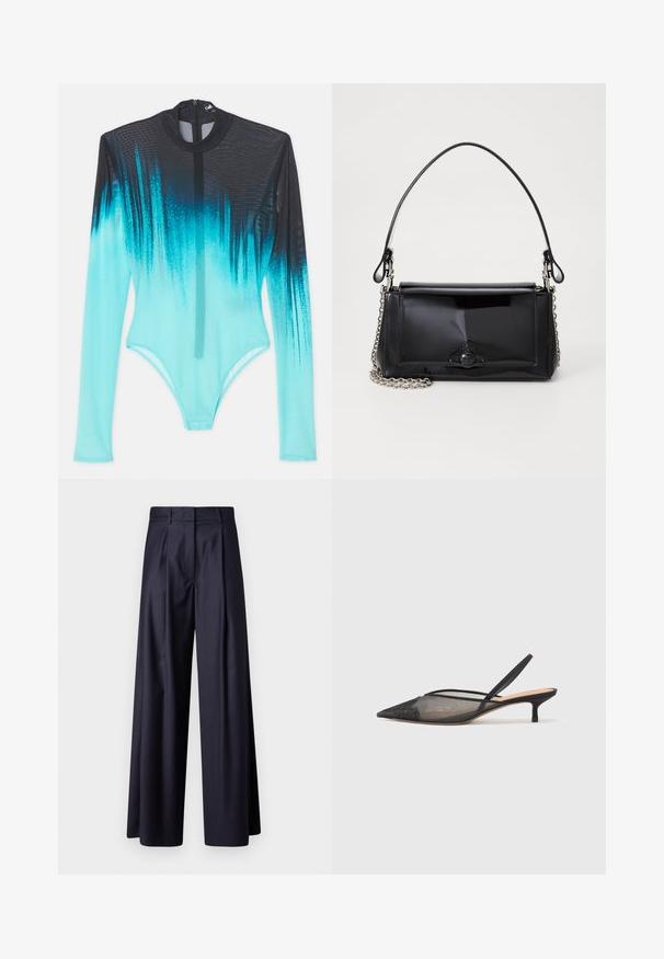 Garā piedurkne bodijs no režģa auduma, ar gradientu no melna uz dzīvīgu akvamarīnu. Priekšējais rāvējslēdzējs un eleganta, cieši pieguļoša forma.; Platās bikses tumši zilā audumā, ar krokām, gludu tekstūru, pielāgotu dizainu un augstu jostasvietu.; NEOUS IRENA - Klasiski papēži - black; Melnas lakotas ādas rokassomi ar taisnstūra formu, ķēdes siksnu un izteiksmīgu metāla aksesuāru centrā. Gluda tekstūra.