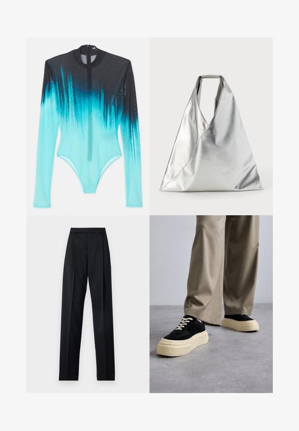 Langærmet bodysuit i mesh-stof med en gradient fra sort til lysende aqua. Frontlynlås og slank, tætsiddende design.; Sorte bukser lavet af glat stof, der har høj talje, brede ben, frontfolder og klassiske bælteløkker. Ingen synlige sidelommer.; MM6 Maison Margiela Sneakers - black; MM6 Maison Margiela CLASSIC JAPANESE HANDBAG - Håndtasker - silver-coloured