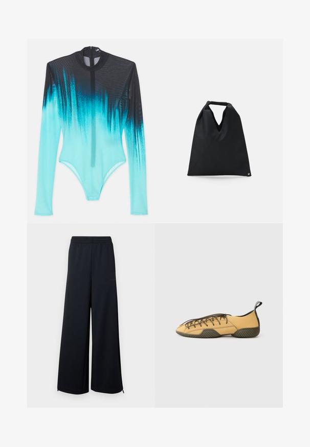 Pikendatud varrukatega bodysuit, mis on valmistatud võrgusilma kangast ja millel on mustast säravasse akvamarini kulgev gradient. Ees olev tõmblukk ja stiilne, kehaümber kleit.; Mustad laiad võrkpüksid mustas värvuses, elastse vöökoht ja väikesed tõmblukkude detailid alläärtes, eksponeeritud valgel taustal.; Kollane sametist nööridega king, millel on tumeroheline kummitald ja kanna sild, kujutatud külgedelt heledal hallil taustal.; MM6 Maison Margiela SMALL JAPANESE - Kandekott - black