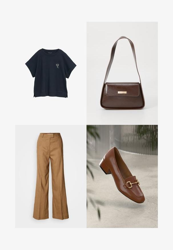 Laivansinis ylisuurikokoinen t-paita, lyhyet hihat, pyöreä kaula-aukko, sivuhalkiot, jossa pieni valkoinen kukkagrafiikka rinnassa. Pehmeä kankaan rakenne.; Ruskeat leveät housut, jotka on valmistettu kevyestä kankaasta. Ominaisuuksiin kuuluvat tasainen etuosa, vyölenkit sekä muotonsa mukauttava siluetti, jossa on nilkkapituinen leikkaus.; Ruskea kiiltävä nahkaloaferi neliönmuotoisella varpaalla, metalliketjuaktsentilla ja matalalla tukijalalla; sileä rakenne, minimalistinen muotoilu.; Ruskea nahkainen olkalaukku, jossa on rakenteellinen muotoilu, ja jossa on magneettinen läppäkiinnitys sekä metallinen logo korostus edessä.