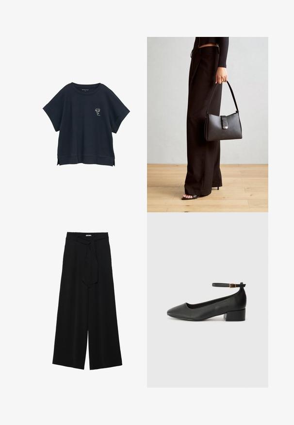 Temno modra oversized majica s kratkimi rokavi, okroglim izrezom in stranskimi razporki, na prsih pa ima majhno belo grafiko cveta. Mehka tekstura tkanine.; Črne široke hlače iz teksturirane tkanine, z elastičnim pasom in odstranljivim trakom na pasu za prilagodljivo prileganje.; Črne usnjene pumpice z nazobčanimi prsti in nizko blokasto peto. Imajo trak okoli gležnja z zaponko v zlatem tonu. Gladka tekstura.; Črna torbica z strukturirano obliko, gladko teksturo in kovinskim zaponko. Ujemajo se z širokimi črnimi hlačami in odprtimi sandali na lesenem tleh.
