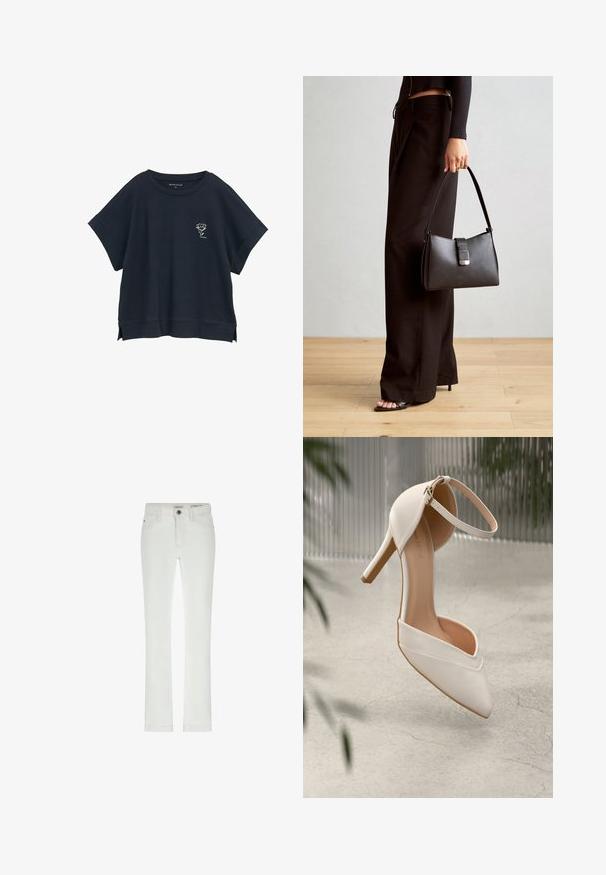 Temno modra oversized majica s kratkimi rokavi, okroglim izrezom in stranskimi razporki, na prsih pa ima majhno belo grafiko cveta. Mehka tekstura tkanine.; Beli traperice s slim krojem, zasnovane s petimi žepi in kontrastnim šivanjem. Imajo gumbasto zapiranje in diskretno oznako blagovne znamke na pasu.; Bele visoke petne čevlje iz gladkega materiala s koničastim nosom in gležnjenim trakom. Imajo svetlo tan notranjost in zlat ton dodatkov.; Črna torbica z strukturirano obliko, gladko teksturo in kovinskim zaponko. Ujemajo se z širokimi črnimi hlačami in odprtimi sandali na lesenem tleh.