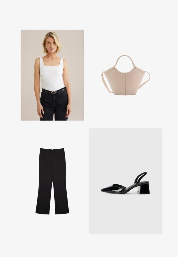Bela rebrasta majica brez rokavov s kvadratnim izrezom in širokimi naramnicami, v kombinaciji z visokim pasom črnimi kavbojkami in črnim pasom z zlatim sponko.; Črne hlače ravnega kroja z naglavnimi žepi in stranskimi razporki na robu. Narejene iz mehke, gladke tkanine. Primerne za različne priložnosti.; Črne lakirane slingback pete s koničastim nosom in geometrijsko blokasto peto. Imajo eleganten, minimalističen dizajn in gladko teksturo.; Bežna usnjena torbica edinstvene oblike, z dvema kratkima ročajema in dolgim nastavljivim trakom. Gladka tekstura z minimalno kovinsko opremo.