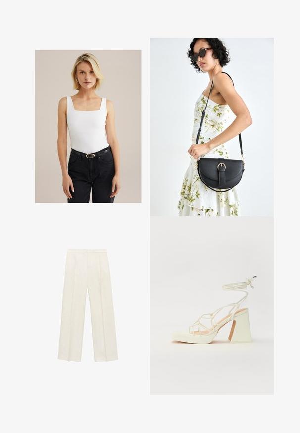 Vit ribbad linne med fyrkantig halsringning och breda axelband, tillsammans med högmidjade svarta jeans och ett svart bälte med ett guldspänne.; Breda byxor i en ljus krämfärg. Tillverkade av ett mjukt tyg med veck fram och sidofickor.; Vit högklackad sandal med en kraftig klack, med ett remdesign och ankelband. Slät textur med en plattform framtill för ökad höjd.; Svart läderhandväska med en böjd form, avtagbar rem och guldiga detaljer. Väskan har ett lock med en spänndetalj.