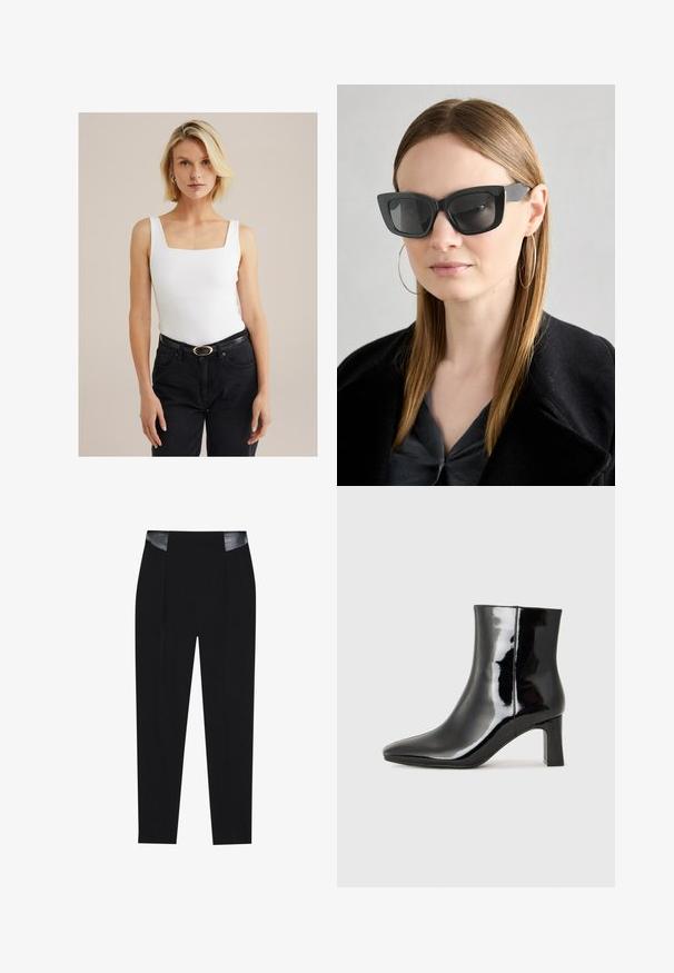 Fehér, bordázott pántos felső négyzet alakú nyakkivágással és széles pántokkal, párosítva magas derekú fekete farmernadrággal és fekete övvel, arany csattal.; Fekete, szabott nadrág, amely sima kialakítással, elöl redőkkel és fényes fekete bőrfelületekkel rendelkezik a derékrészen. Simává álló szövettextúra.; Fekete lakk bőrcipő bokáig érő, hegyes orral és közepes magasságú tömbsarokkal. Simább textúrával és minimalista dizájnnal rendelkezik.; Fekete macskaszem napszemüveg sötét lencsékkel, vastag kerettel és diszkrét díszítésekkel. Fekete kabátot és szürke felsőt visel, hosszú egyenes hajjal.