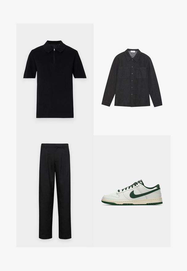 Čierna polokošeľa s krátkym rukávom vyrobená z hladkej tkaniny, s golierom na zips a rovnými okrajmi. Jednoduchý a minimalistický dizajn.; Tmavo šedá košeľa z texturovanej tkaniny, ktorá má špicatý golier, zapínanie na gombíky a dve náprsné vrecká. Dlhé rukávy s gombíkovými manžetami.; Čierne nohavice vyrobené z hladkej tkaniny, s rovnými nohavicami, dvoma prednými skladmi a štandardným pásom s pútkami na opasok.; Biele nízke tenisky s tmavozeleným Nike swooshom, šnúrkami a akcentmi na podrážke, zobrazené v profile na jednoduchom bielom pozadí.