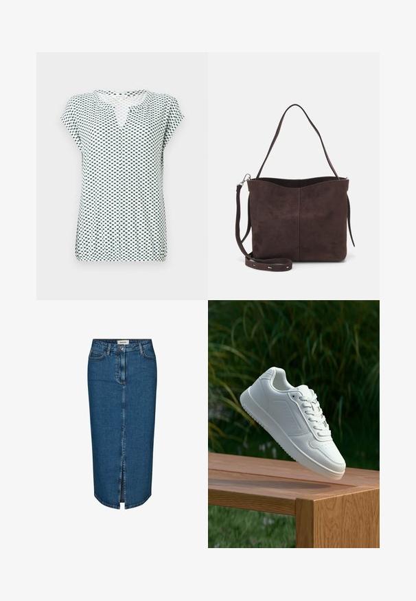 Lyhyttä hihaista valkoista puseroa, jossa on geometrinen tummansininen kuvio. V-kaula-aukko ja rento malli. Valmistettu kevyestä, teksturoidusta kankaasta.; Tummansininen denim-mekko, jossa on edessä halkio, viisi taskua ja kontrastiväriset saumat. Keskikorkea vyötärö ja klassinen muotoilu.; Valkoiset tennarit, joissa on sileä synteettinen päällinen, rei'itetty varvasosa, litteät nauhat ja teksturoitu pohja, esillä puupinnalla.; Ruskea mokkanahkainen kassi, jonka pinta on pehmeä. Kassissa on yksi olkahihna ja hienovarainen, kaareva yläaukeama. Ei näkyviä metalliosia.