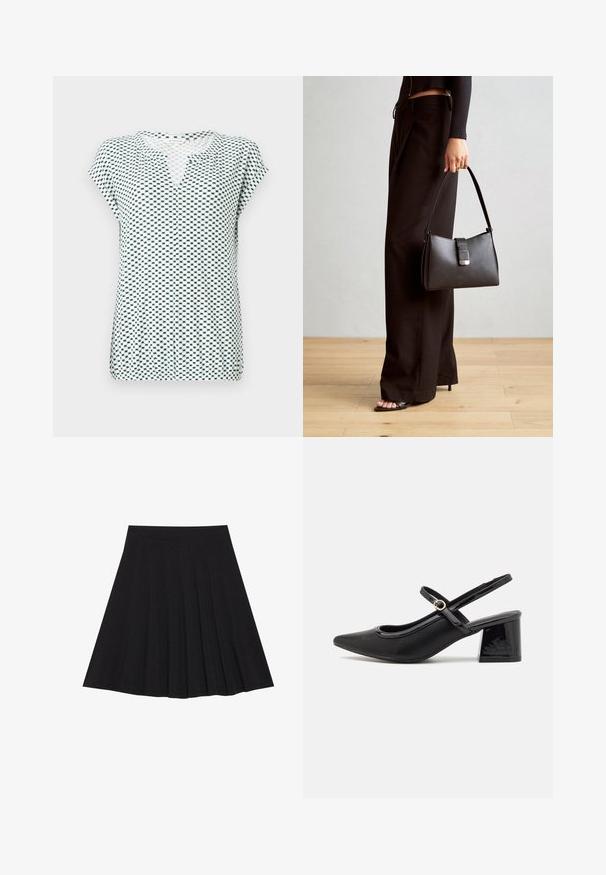 Kortærmet top i hvid med et geometrisk navy mønster, med V-hals og afslappet pasform. Fremstillet af let, tekstureret stof.; Sort plisseret nederdel lavet af struktureret stof med en tætsiddende talje. Faldende til knæ længde og har en glat, ren silhuet.; Sorte patentlæder slingback hæle med spids tå, rund udskæring og blokhæl. Har en guldtonet spændeaccents.; Sort håndtaske med struktureret form, glat overflade og metalspænde. Sammen med brede sorte bukser og sandaler med åben tå på trægulv.