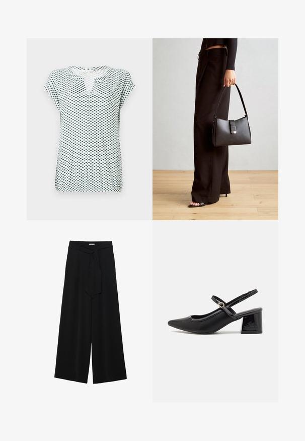 Top a maniche corte bianco con un pattern geometrico blu navy, dotato di scollatura a V e vestibilità rilassata. Realizzato in tessuto leggero e con una texture.; Pantaloni neri a gamba larga caratterizzati da un tessuto testurizzato, una vita elastica e una cintura staccabile per una vestibilità regolabile.; Décolleté in vernice nera con cinturino dietro, punta affusolata, design con ritagli arrotondati e tacco a blocco. Presenta un accento di fibbia tono oro.; Borsa nera con forma strutturata, texture liscia e una chiusura metallica. Abbinata a pantaloni neri larghi e sandali open-toe su un pavimento in legno.