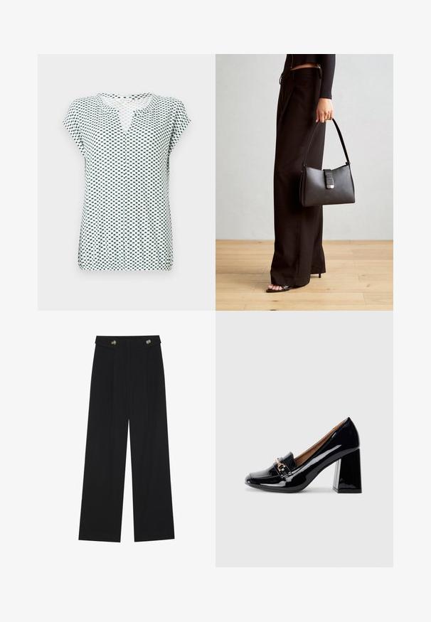 Majica kratkih rukava u bijeloj boji s geometrijskim uzorkom u mornarsko plavoj boji, s V-izrezom i opuštenim krojem. Napravljena od lagane, teksturirane tkanine.; Crne hlače širokih nogavica s visokim strukom, s dugmadi na pojasu i prednjim nabora.; Crna lakirana visoka potpetica s oštrim vrhom i blok potpeticom. Sadrži dekorativnu traku i detalj s kopčom na gornjem dijelu.; Crna torba s oblikom koji sadrži strukturu, glađu teksturu i metalnu kopču. Uparena s širokim crnim hlačama i sandalama na otvorenom s drvenog poda.