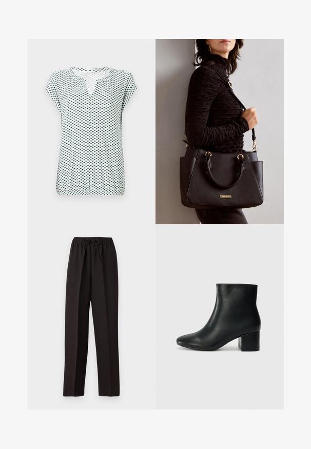 Top de manga curta em branco com um padrão geométrico em azul-marinho, apresentando um decote em V e um corte relaxado. Feito de um tecido leve e texturizado.; Calças largas e pretas, com um cós elástico e cordão ajustável. Feitas de um tecido liso e leve, sem padrões visíveis.; Botas de tornozelo em pele preta com bico pontiagudo e um salto robusto. Textura suave com acentos mínimos e um design ajustado e elegante.; Bolsa preta com superfície texturizada, alças superiores duplas e alça de ombro ajustável. Apresenta ferragens em tom dourado e bolsos laterais.