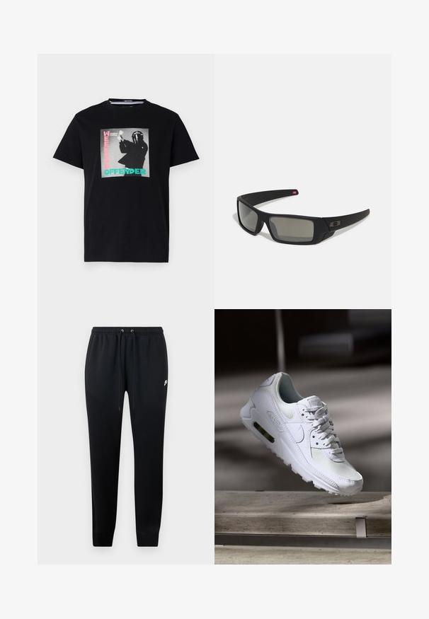 Juodas medvilninis marškinėliai su grafiniu spaudiniu, kuriame yra užrašai "WEEKEND OFFENDER" ir "London Calling", paryškinti turkio ir rožinės spalvomis.; Juodos sportinės kelnės, pagamintos iš minkštos medžiagos, su elastingu juosmeniu ir raišteliais, aptemptomis kulkšnėmis ir nedideliu logotipo akcentu šone.; Baltos Nike Air Max 90 sportbačiai su.comi ir odos viršumi, perforuota pirštų dėžute ir matomu oro pagalvėle kulne.; Juodi akiniai saulės su matinio paviršiaus užbaigimu, stačiakampiai lęšiai, švelnus lenkimas ant šventyklų, subtilus logotipo detalizavimas ir dūminiai lęšiai.