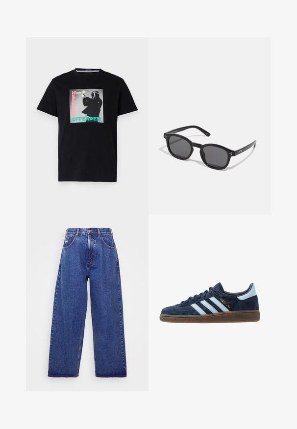 Melns kokvilnas t-krekls ar grafisko apdruku, kurā ir teksts "WEEKEND OFFENDER" un "London Calling", izcelts turkoza un rozā krāsā.; Plaša kājiņu, zila denima bikses ar augstu jostasvietu, kas satur piecas kabatas, pogu aizdari un smalku izbalēšanu tekstūras radīšanai.; Jūras zilas zamša Adidas sporta apavi ar gaiši zilām strēmēm, gumijas zole, gaiši zila papēža cilpa un zelta "Spezial" emblēma sānos.; Melni ovāli saulesbrilles ar tumšiem stikliem, resniem rāmjiem un sudraba punktu akcentiem uz sāniem. Gluda plastmasas materiāls, mūsdienīgs dizains.