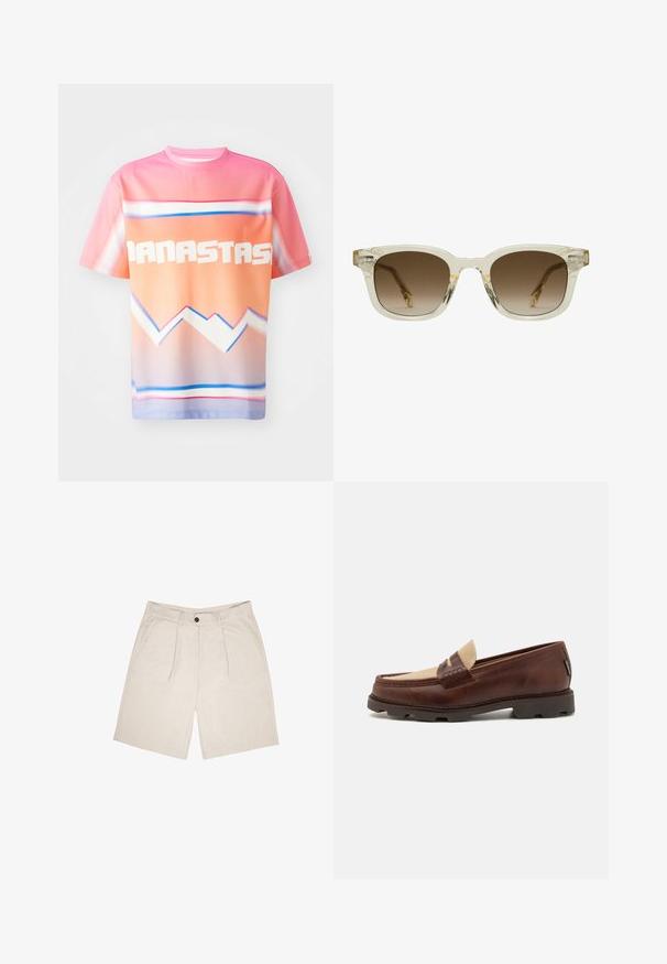Lyhythihainen, kevyt t-paita, jossa on pinkin ja oranssin sävyjen gradientti. Paidassa on rohkeaa valkoista tekstiä sekä geometristä sinistä ja valkoista kuviota.; Beige-shortsit, jotka on valmistettu pehmeästä kankaasta, joissa on tasainen etuosa kahdella poimutuksella, vyölenkit ja sivutaskut. Yksi napin sulku vyötäröllä.; Bordeaux nahkahiusut, joissa on harmahtava kangasasennus, tikkausyksityiskohtia ja teksturoitu kumipohja, joka on suunniteltu mukavuutta ja kestävyyttä varten.; CHIMI CHIMI 02 - Aurinkolasit - pale yellow