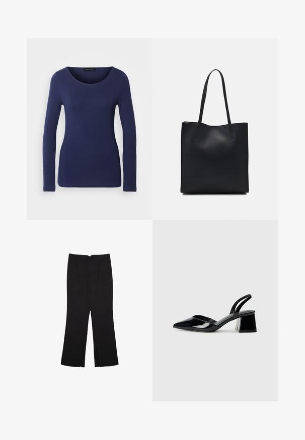 Marineblaues Langarm-T-Shirt aus weichem Material mit rundem Halsausschnitt und figurnaher Passform. Keine sichtbaren Muster oder Akzente.; Schwarze Hose mit geradem Schnitt, ausgestattet mit Fronttaschen und Seitenschlitzen am Saum. Hergestellt aus weichem, glattem Stoff. Geeignet für verschiedene Anlässe.; Schwarze Lackleder-Slingback-High Heels mit spitzem Schuh und einem geometrischen Blockabsatz. Verfügt über ein schlankes, minimalistisches Design und eine glatte Textur.; Schwarze Laptoptasche aus Leder mit glatter Textur, rechteckiger Form und zwei langen Griffen. Keine sichtbaren Beschläge oder Verzierungen.