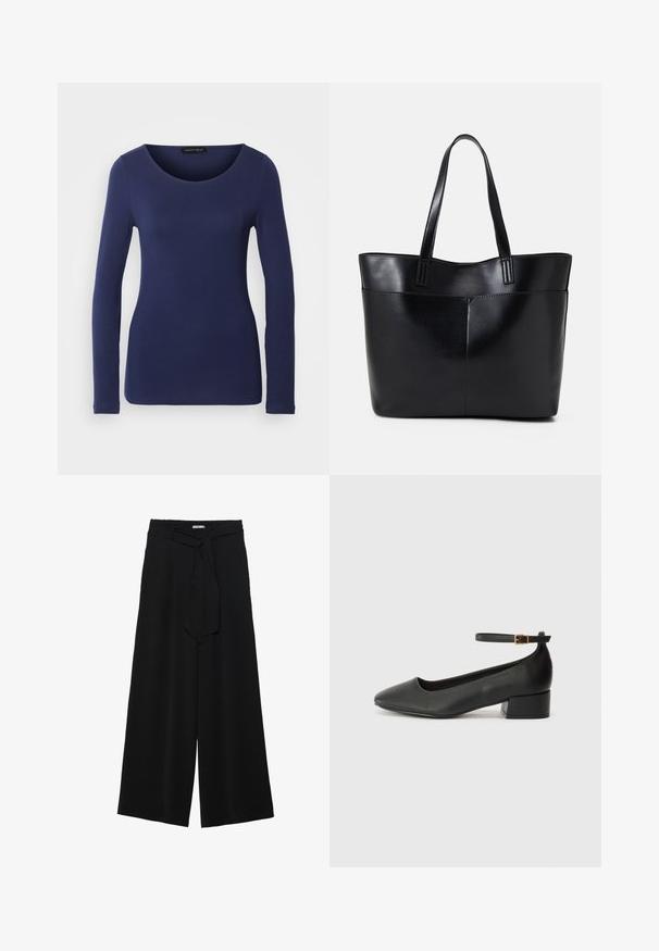 Marineblauw langemouwen T-shirt van zacht materiaal met een ronde halslijn en een getailleerd ontwerp. Geen zichtbare patronen of accenten.; Zwarte wijde broek van textuurstof, met een elastische tailleband en een afneembare sjaalstrik in de taille voor een verstelbare pasvorm.; Zwarte leren pump met een spitse neus en een lage blokhak. Beschikt over een enkelband met een goudkleurige gespsluiting. Gladde textuur.; Zwarte leren tote bag met twee lange handvatten, een zachte textuur en een gestructureerde vorm. Voorzien van een voorvak voor extra opslagruimte.