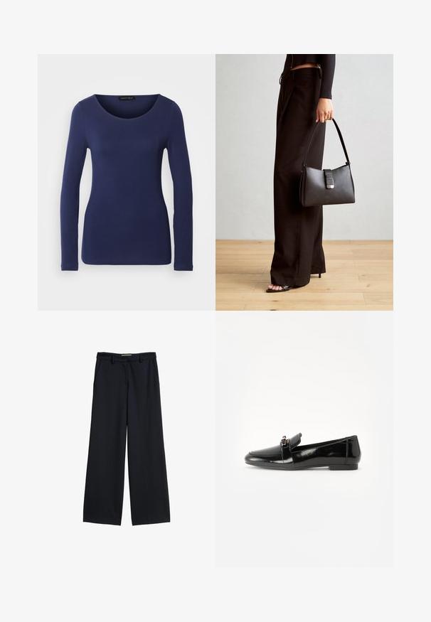 Marineblauw langemouwen T-shirt van zacht materiaal met een ronde halslijn en een getailleerd ontwerp. Geen zichtbare patronen of accenten.; Brede pijpen in donker marineblauwe stof, met een vlakke tailleband, riemlussen en twee zijzakken. Gladde textuur zonder patronen.; Zwarte gepatenteerde leren loafer met een vlakke zool, ronde teen en een decoratieve band met een gouden accen. Gladde, glanzende afwerking.; Zwarte handtas met gestructureerde vorm, gladde textuur en een metalen sluiting. Gecombineerd met brede zwarte broeken en sandalen met open teen op een houten vloer.