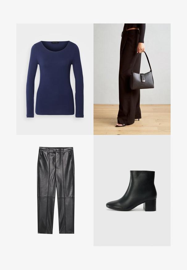Sötétkék, hosszú ujjú póló, puha anyagból készült, kerek nyakkal és testhezálló szabással. Nincsenek látható minták vagy díszítések.; Fekete bőrnadrág sima textúrával, egyenes szabással, két elülső zsebbel és látható varrás részletekkel.; Fekete bőr bokacsizma hegyes orral és vastag sarokkal. Sima felület minimális díszítéssel és karcsú, passzos kialakítással.; Fekete kézi táska strukturált formával, sima textúrával és fémből készült záródással. Széles fekete nadrággal és nyitott orrú szandállal párosítva, fából készült padlón.