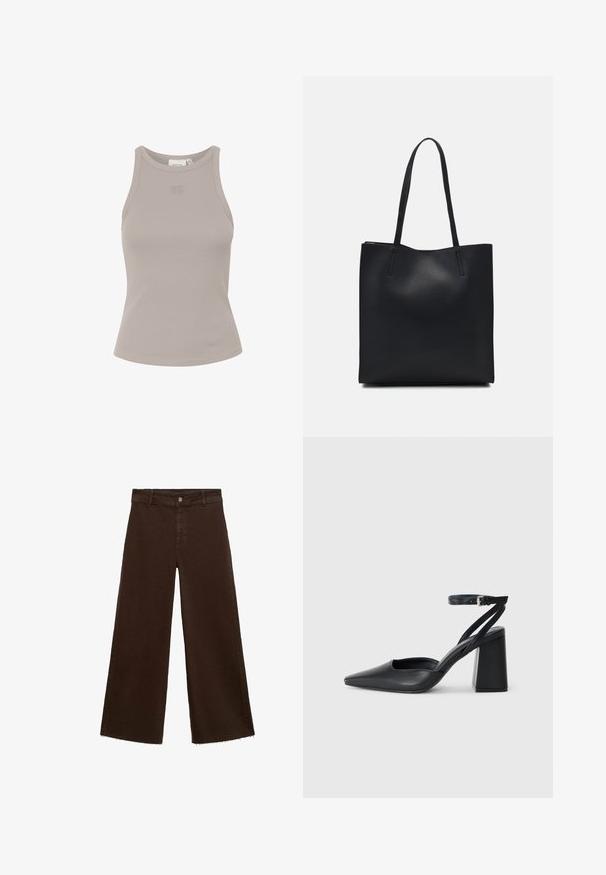 Geribbelde, mouwloze top in lichtgrijs met een ronde halslijn en subtiele merkvermelding aan de voorkant. Gemaakt van een zacht, rekbaar materiaal.; Bruine wijde broek in katoenmix, met een rafelige zoom, sluiting met een knoop aan de voorkant en een klassieke vijf-pocketstijl. Minimalistisch en veelzijdig.; Zwarte leren puntige pump met een enkelbandje en een chunky hak. Vlakke textuur, strakke vormgeving en minimalistische esthetiek.; Zwarte leren handtas met een gladde textuur, rechthoekige vorm en twee lange handvaten. Geen zichtbare hardware of versieringen.