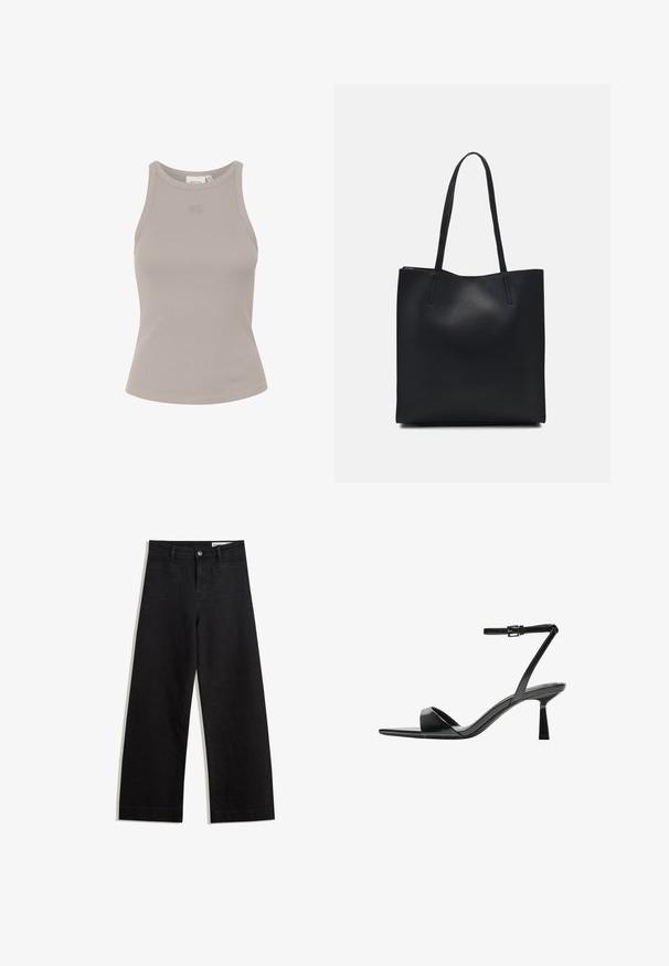 Top a coste senza maniche di colore grigio chiaro, con scollatura rotonda e un brand discreto sul davanti. Realizzato in un materiale morbido ed elasticizzato.; Pantaloni in denim neri a gamba larga con vita alta, dotati di tasche anteriori e posteriori, cuciture a punto, e chiusura con bottone. Texture liscia.; Bershka Sandali con tacco - black; Borsa tote in pelle nera con texture liscia, forma rettangolare e due manici lunghi. Nessun hardware o decorazione visibile.