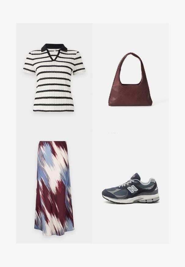 Camisa de manga curta branca com riscas horizontais pretas e colarinho polo preto. Design em V com textura canelada.; Saia longa com um padrão de tie-dye diagonal em vermelho-burgundy, azul e creme, feita de um tecido macio, com uma silhueta fluida e um leve brilho.; Sapatilhas New Balance com parte superior em malha e camurça azul-marinho, detalhes cinza, logótipo branco, sola almofadada e pormenores texturizados.; Mala de mão em couro bordeaux com formato triangular, topo aberto e detalhe trançado ao longo da alça. Textura lisa com acabamento mate.