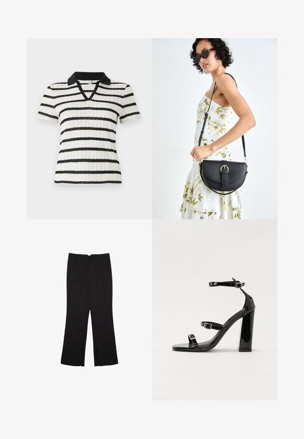 Bela kratka majica s črnimi vodoravnimi črtami in črnim polo ovratnikom. Oblika v obliki črke V z rebrasto teksturo.; Črne hlače ravnega kroja z naglavnimi žepi in stranskimi razporki na robu. Narejene iz mehke, gladke tkanine. Primerne za različne priložnosti.; Črne lakirane sandale s peto, kvadratnim prstom, trakovi okrog gležnja in srebrnimi zaponkami. Opremljene so s stabilno Debelo peto.; Črna usnjena torbica s ukrivljeno obliko, z odstranljivo naramnico in zlatimi dodatki. Torbica ima pokrov s podrobnostmi v obliki zaponke.