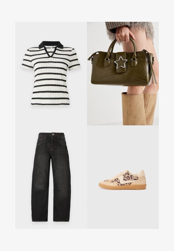 Weiße Kurzarmbluse mit schwarzen horizontalen Streifen und einem schwarzen Polokragen. V-Ausschnitt-Design mit gerippter Textur.; Schwarze Denim-Jeans im Straight-Leg-Design, mit fünf Taschen, sichtbaren Nähten und einem vorderen Knopfverschluss. Strukturierter Stoff mit leichter Ausbleichung.; Löwenmuster-Sneaker mit beige Wildleder-Obermaterial, tanfarbener Gummisohle und weißen Akzenten. Runde Zehenform und Schnürdesign mit strukturiertem Finish.; Olivgrünes Kunstlederhandtasche mit silbernem Sternakzent, doppelten Griffen und einem Reißverschluss. Strukturierten Form und texturierten Oberfläche.