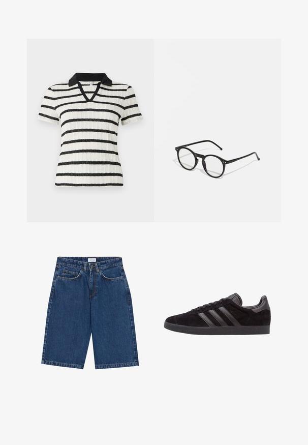 Camisa de manga curta branca com riscas horizontais pretas e colarinho polo preto. Design em V com textura canelada.; Calções de ganga em azul escuro, com um design de cinco bolsos, corte reto e costuras visíveis. Textura suave e cintura média.; Sapatilhas de camurça pretas com solas de borracha texturizada, apresentando três riscas de pele preta, bico arredondado e colarinho acolchoado no tornozelo.; Óculos de sol redondos pretos com lentes transparentes, hastes finas pretas e pequenos detalhes metálicos na parte da frente. Design clássico com estilo minimalista.