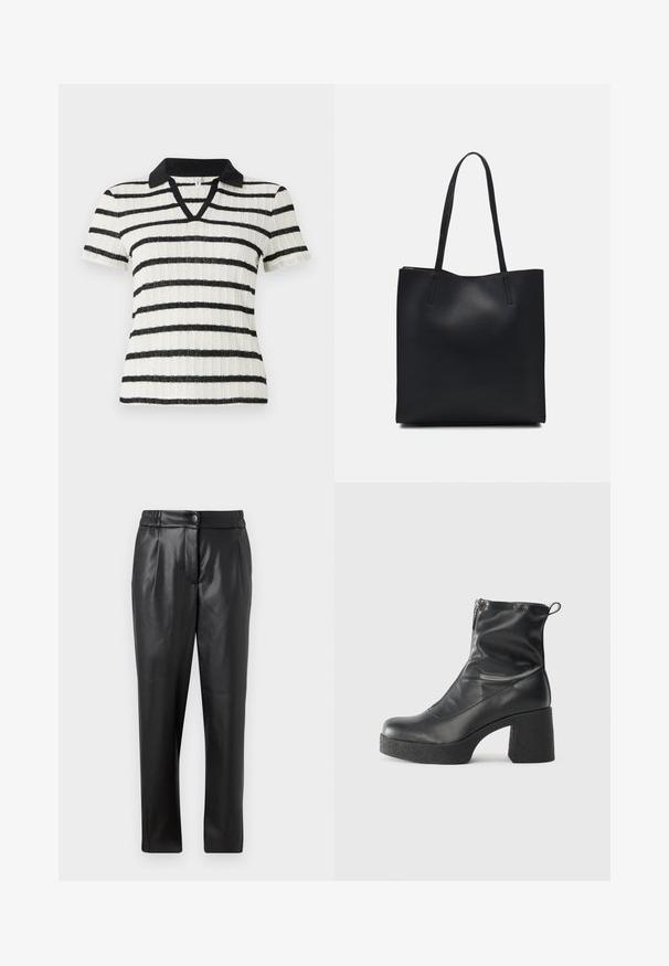 Fehér, rövidujjú póló fekete vízszintes csíkokkal és fekete póló gallérral. V-alakú kialakítás bordázott textúrával.; Fekete bőr nadrág sima textúrával, egyenes szabással, rugalmas derékkal és elülső gombos záródással; pliszírozott részletezéssel és szűkített lábakkal.; Fekete bokacsizmák sima bőrből, oldalsó cipzárral, vastag, texturált sarkú és lekerekített orrú dizájnnal.; Fekete bőrtáska sima felszínnel, téglalap alakú, két hosszú füllel. Nincs látható fémkiegészítő vagy díszítés.
