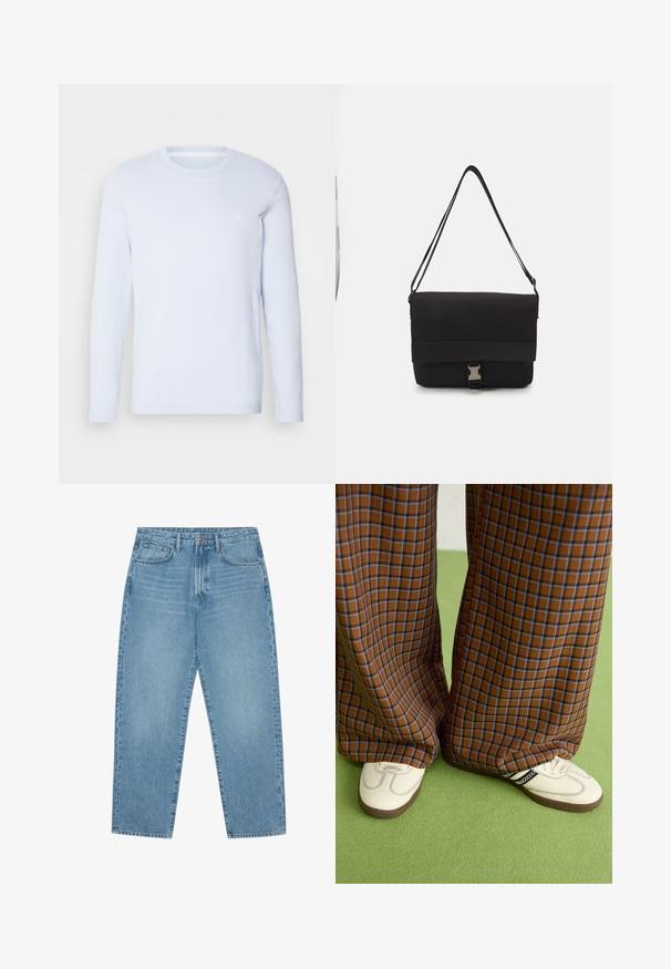 Világoskék, hosszú ujjú ing, puha anyagból készült, kerek nyakkivágással és kis logóval a mellkason. Simább textúra, egyszerű dizájn.; Világoskék farmer széles szárú nadrág magas derékkal, öt zsebből, övhurkokkal és puha, enyhén fakó textúrával.; Barna és kék kockás, bőrt lábú nadrág, fehér cipővel, fekete részletekkel és texturált talppal, zöld háttér előtt.; Fekete üzenetküldő táska sima anyagból, hajtókás fedéllel, ezüst csattal és állítható vállpánttal.