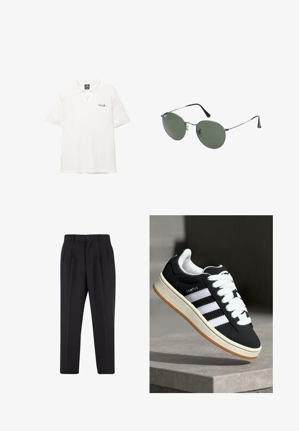 Valkoinen lyhythihainen polo-paita, jossa on teksturoitu kangas, napitettava kaulus ja pieni musta logo vasemmassa rinnassa.; Mustat housut, joissa on laskostettu etuosa, valmistettu sileästä kankaasta. Varustettu nappikiinnityksellä ja vyölenkeillä; suora lahje.; Musta lenkkikenkä valkoisilla raidoilla, nauhallisella mallilla, teksturoidulla päällisellä ja kumipohjalla. Sivulla on "CAMPUS"-logo ja kumiulkopohja.; Aurinkolasit metallikehyksillä, joissa on soikeat vihreät linssit. Ohut hopeinen metallikehys ja mustat korvapehmusteet. Minimalistinen muotoilu, ei näkyviä logoja.