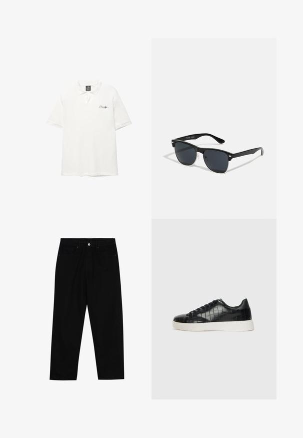 Fehér, rövid ujjú pólóing, texturált anyagból, gombos nyakkivágással és egy kis fekete logóval a bal mellrészen.; Fekete farmernadrág, egyenes szabással, öt zsebből álló dizájnnal és elülső gombos záródással. Simább felület minimális varrási részletekkel.; Fekete sportcipő, amely texturált krokodilbőr felsőrésszel, kerek orral és sima felületű, kontrasztos fehér gumitalppal rendelkezik.; Fekete napszemüveg, téglalap alakú, sötét lencsékkel, ezüst részletekkel a szárakon, és matt felülettel a kereten.