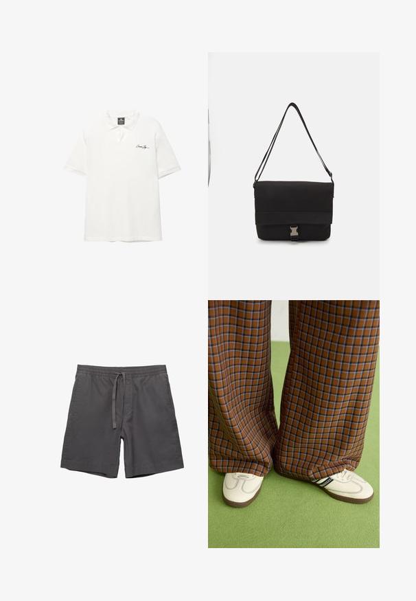 Bílá polokošile s krátkým rukávem, s texturovanou tkaninou, s knoflíkovým výstřihem a malým černým logem na levé hrudi.; Šedé bavlněné šortky s pružným pasem, nastavitelnou šňůrkou, bočními kapsami a uvolněným střihem. Hladká textura a délka ke kolenům.; Hnědo-modré kostkované široké kalhoty doplněné bílými botami s černými akcenty a texturovanou podrážkou, umístěné na zeleném pozadí.; Černá messenger taška vyrobená z hladkého materiálu, s překlopným víkem, stříbrnými sponkami a nastavitelným ramenním popruhem.