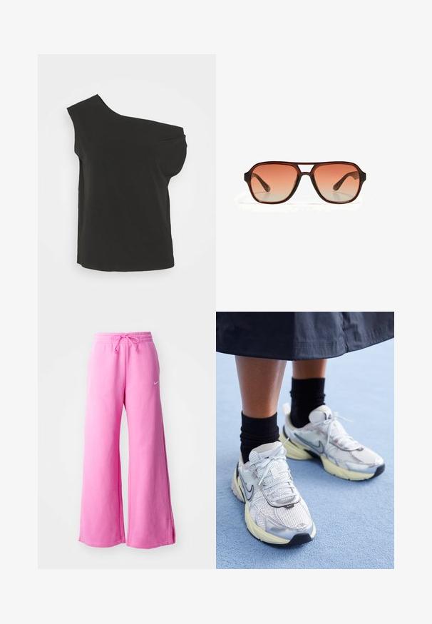 Asymmetrical black top with one shoulder design, made of a smooth, lightweight fabric; features a relaxed fit and soft texture.; Pink wide-leg sweatpants made from soft cotton, featuring a drawstring waist and a small white logo on the front.; White and silver Nike sneakers with mesh fabric, reflective accents, and a beige sole. Worn with black socks, standing on a blue surface.; Brown sunglasses with a rectangular frame and gradient orange lenses. The frame has a matte finish, featuring a central cutout detail.