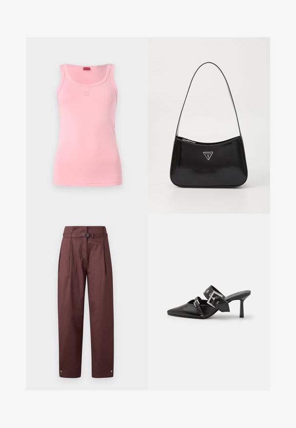 Rozā bez piedurknēm krekls, izgatavots no maiga kokvilnas, ar apaļu kakla izgriezumu un mazu izšūtu "HUGO" logotipu uz priekšpuses.; Tumši sarkani plaša kāju bikses, izgatavotas no kokvilnas, ar jostu viduklī, ar krokām priekšā un pogām potīšu daļā. Gluda tekstūra, minimāls dizains.; Melnas augstpapēžu mūles ar norādītu purngalu, izgatavotas no gludas ādas. Iekļauj plašu potītes siksnu ar kvadrātveida sudraba sprādzi un kniedēm.; Melna lakota ādas plecu soma ar izliekta formu, kurai ir sudraba trīsstūra logs un rāvējslēdzēja aizdare. Gluda tekstūra un šaurs siksna.