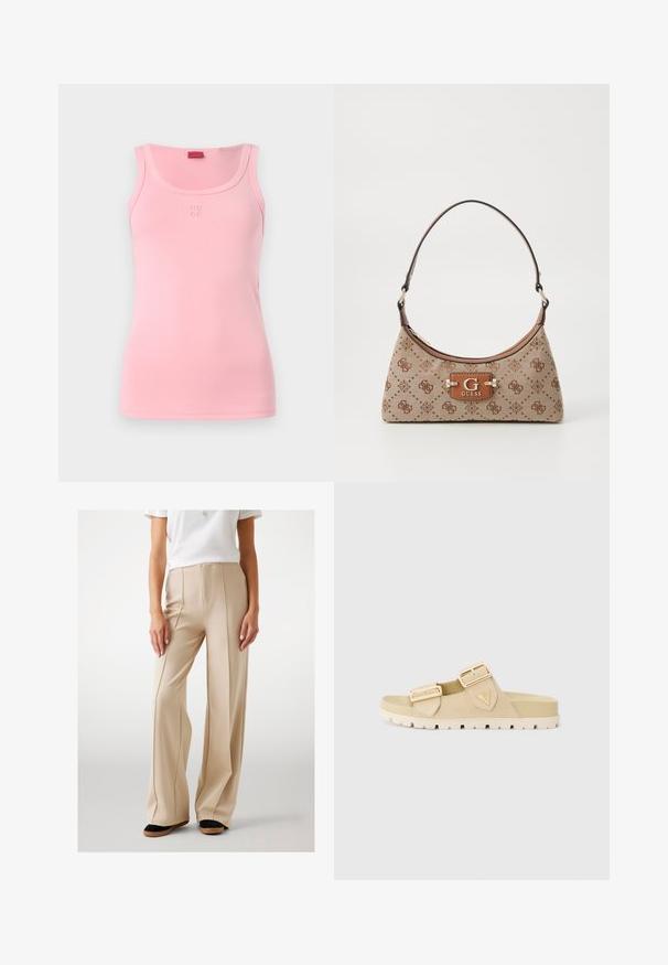 Ružová bezrukávová tielko vyrobené z mäkkej bavlny, s okrúhlym výstrihom a malým vyšitým logom "HUGO" na prednej strane.; Béžové nohavice s širokými nohavicami vyrobené z hladkej tkaniny, so záhybmi vpredu a vysokým pásom. V kombinácii s čiernymi a hnedými plochými topánkami.; Bežové šľapky s dvoma nastaviteľnými zlatými prackami, mäkkým zamakom na vrchu, štruktúrovanou podrážkou a miernou výškou platformy pre pohodlie.; Taška cez rameno z béžovej tkaniny s hnedými vzorovanými akcentmi. Má zakrivený tvar, jedno ramenné ucho a prednú značkovú plaketu so striebornými kovovými prvkami.